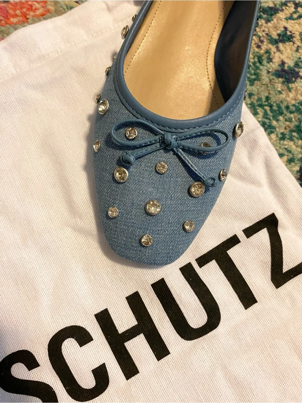 SCHUTZ Blue Denim Ballet Flats With Crystal Embellishment Size 9.5 NEW With Box